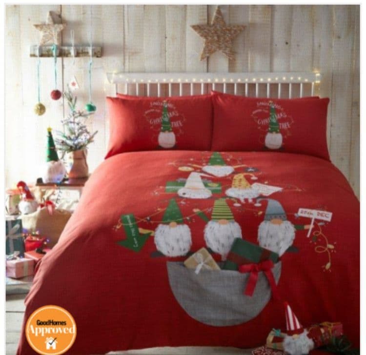 Festive Gonks Duvet Cover Set - red with gonks in a gift sack