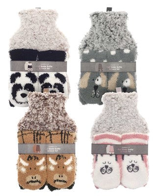 2 Tone Sherpa Fleece Hot Water Bottle & Socks Set (Assorted Designs)