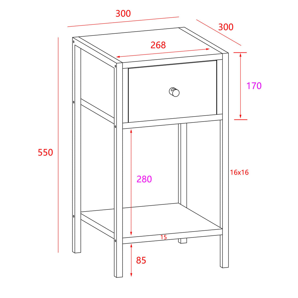 Kelly - One Drawer Compact Bedside Cabinet In Oak Effect With Metal Side Frame (Self Assembly) (DHD) Image 1