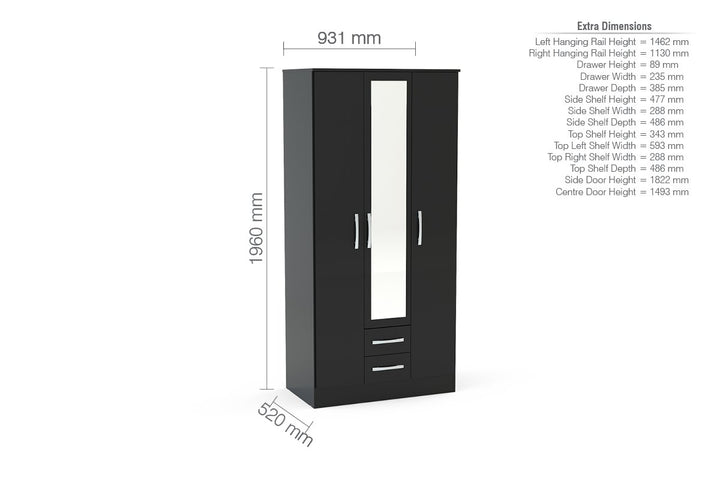 Birlea Lynx 3 Door 2 Drawer Wardrobe With Mirror (Self Assembly) (DHD)