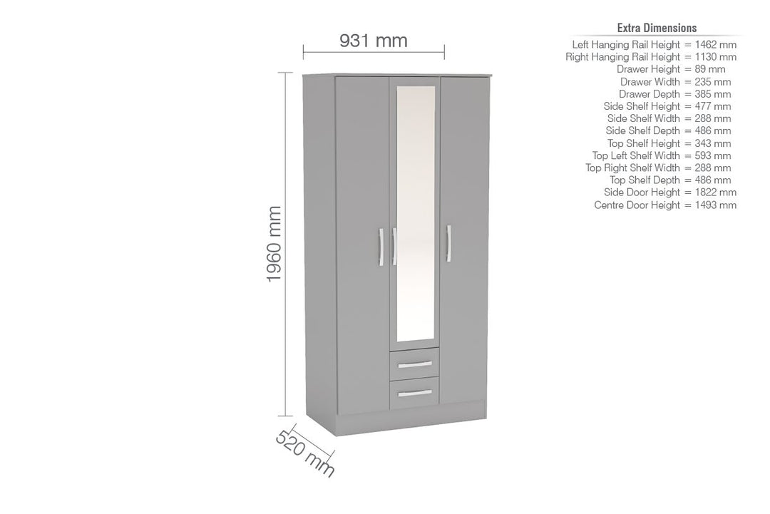 Birlea Lynx 3 Door 2 Drawer Wardrobe With Mirror (Self Assembly) (DHD)