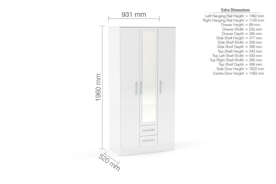 Birlea Lynx 3 Door 2 Drawer Wardrobe With Mirror (Self Assembly) (DHD)