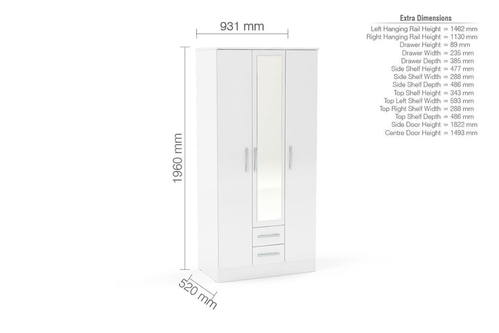 Birlea Lynx 3 Door 2 Drawer Wardrobe With Mirror (Self Assembly) (DHD)