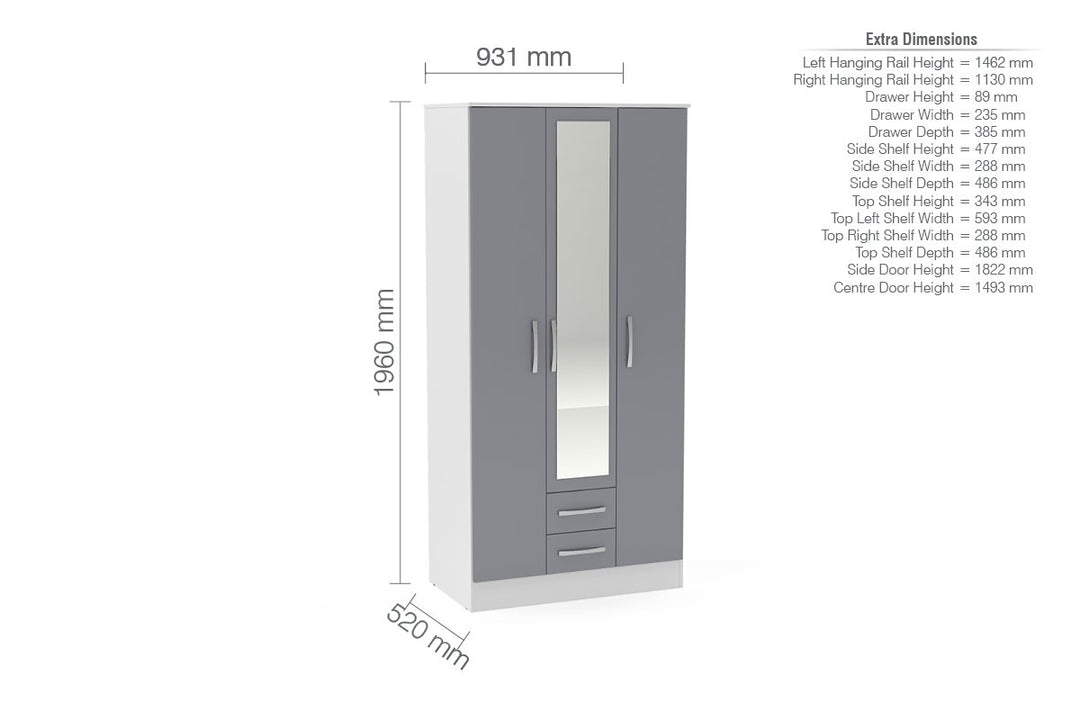 Birlea Lynx 3 Door 2 Drawer Wardrobe With Mirror (Self Assembly) (DHD)