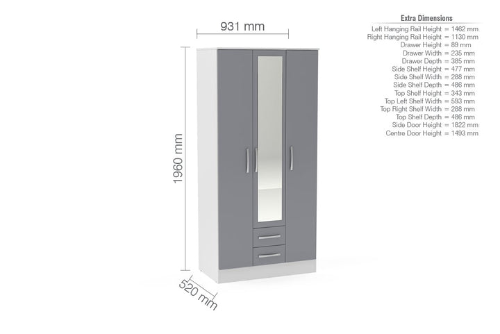 Birlea Lynx 3 Door 2 Drawer Wardrobe With Mirror (Self Assembly) (DHD)