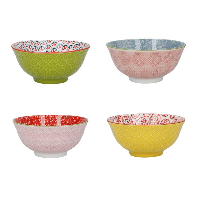 KitchenCraft Patterned Cereal Bowls Set in Gift Box, Ceramic, 'Brights' Designs 15cm Set of 4