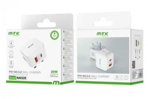 MTK Moveteck 20W GaN PD + QC3.0 Wall Charger USB-A & USB-C - UK Plug - White (NA0329)