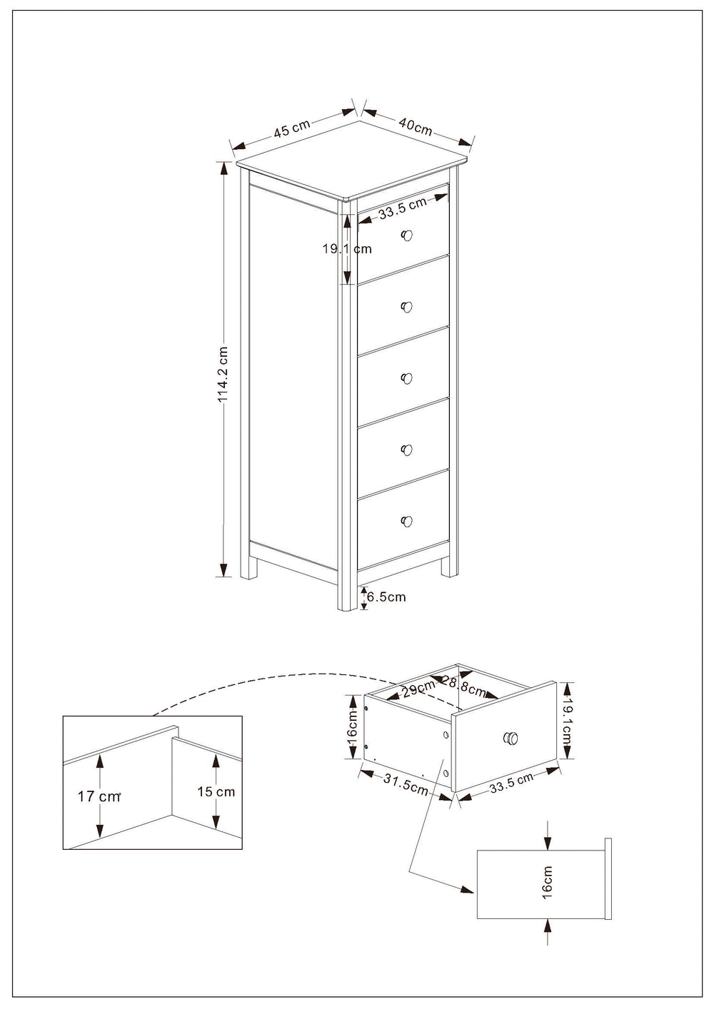 Nairn - 5 Drawer Narrow Chest Of Drawers White (Self Assembly) (DHD) Image 2