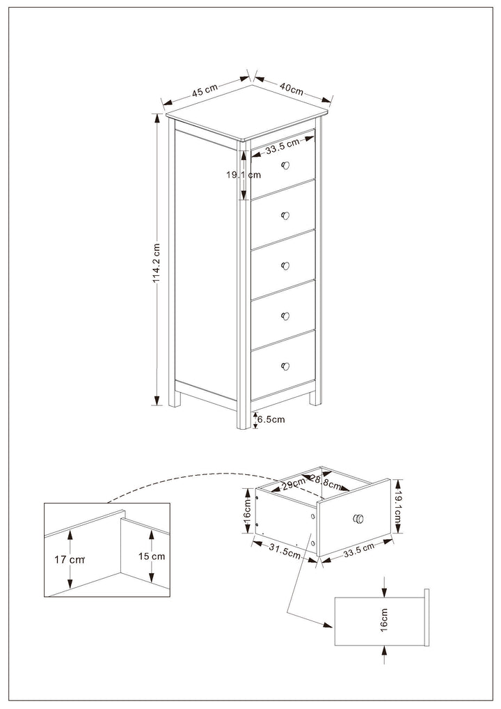 Nairn - 5 Drawer Narrow Chest Of Drawers White (Self Assembly) (DHD) Image 2