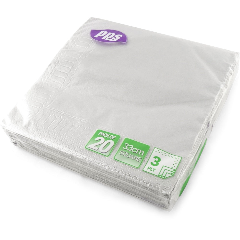 Silver 3 Ply Paper Napkins 33cm 20 Pack