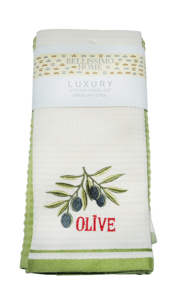 Bellissimo Pack of 2 Luxury Terry/Waffle Embroidered Tea Towels Olives