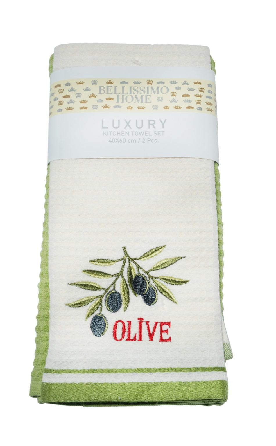 Bellissimo Pack of 2 Luxury Terry/Waffle Embroidered Tea Towels Olives