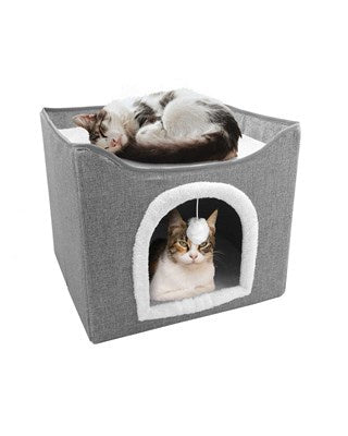 Grey folding cat house with scratching board