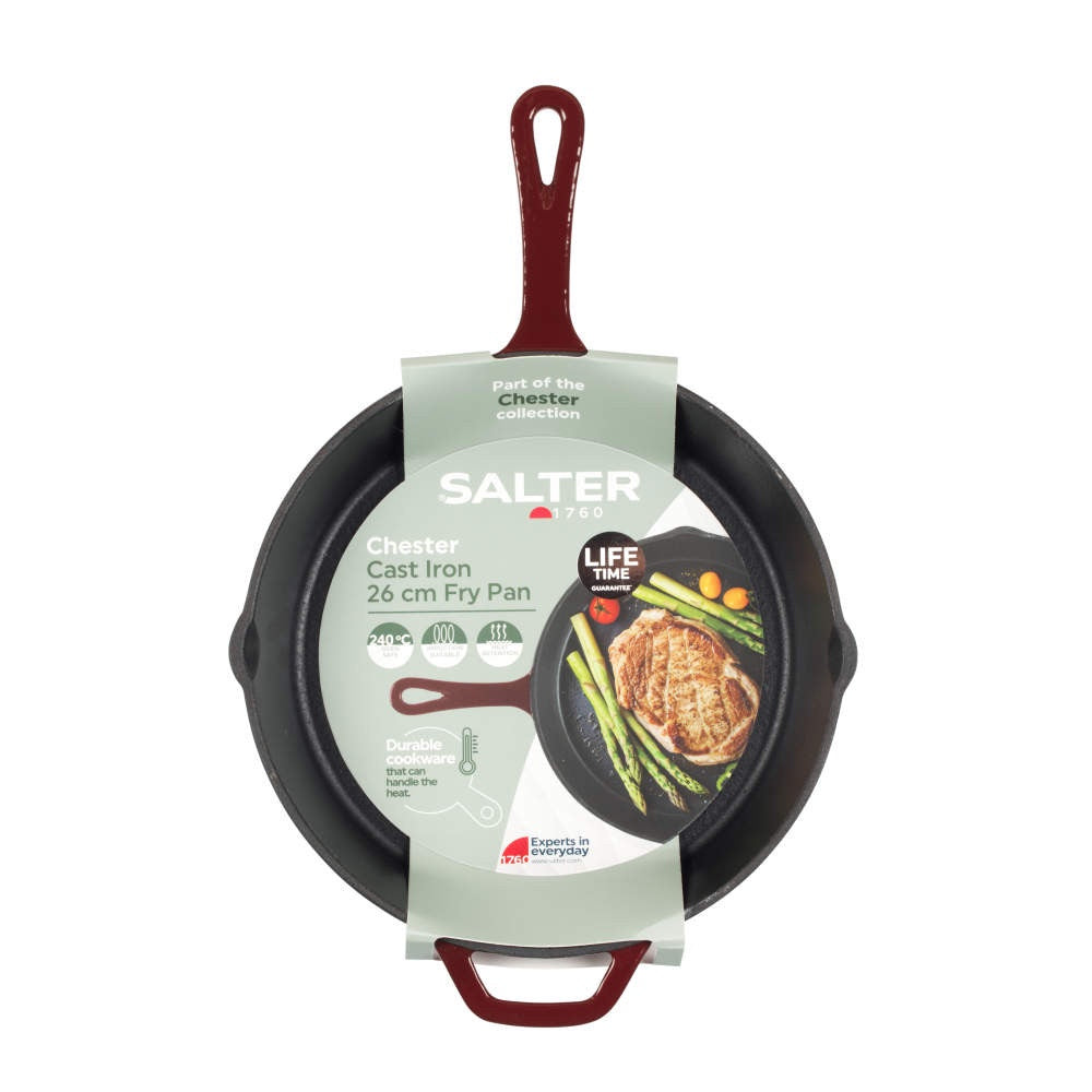 Salter Chester 26cm Cast Iron Frying Pan - Red Enamel Coated