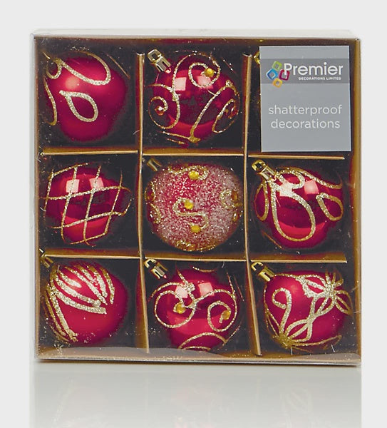 Premier 9 X 60mm Christmas Red Decorated Bauble Balls