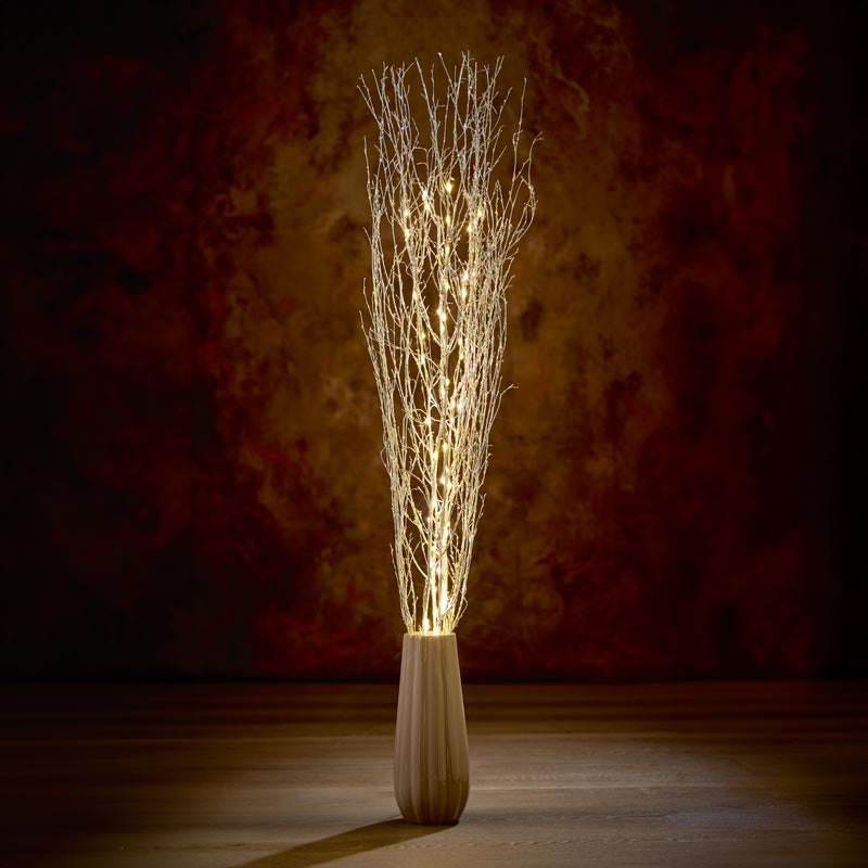 Premier 1.2m Silver Glitter Lit Branch With 80 Warm White LEDs (NO Pot)