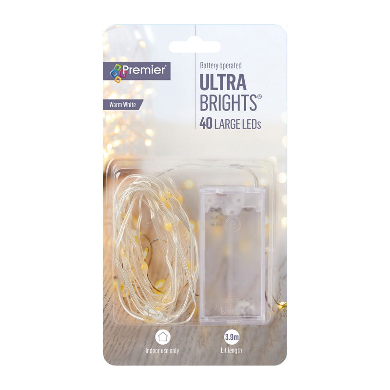 Premier Ultra Bright Battery Operated Pin Wire Lights  40s Warm White