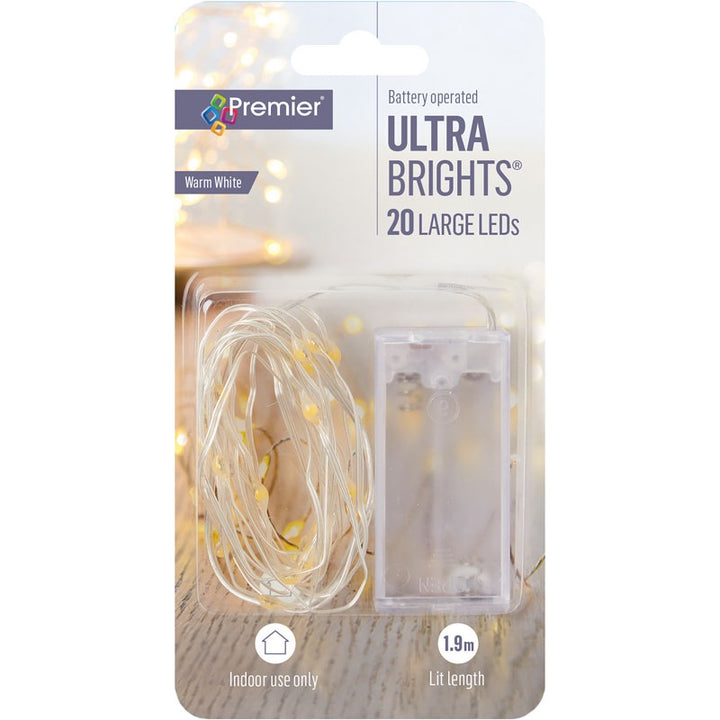Premier Ultra Bright Battery Operated Pin Wire Lights 20s Warm White