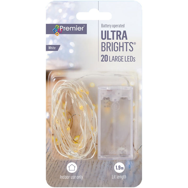 Premier Ultra Brights Battery Operated Pin Wire Lights 20s White