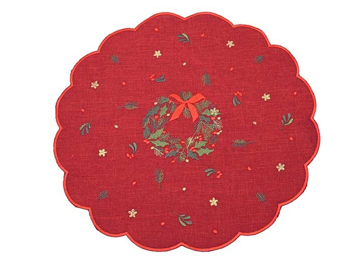 Scalloped embroidered wreath placemat red 35cm dia