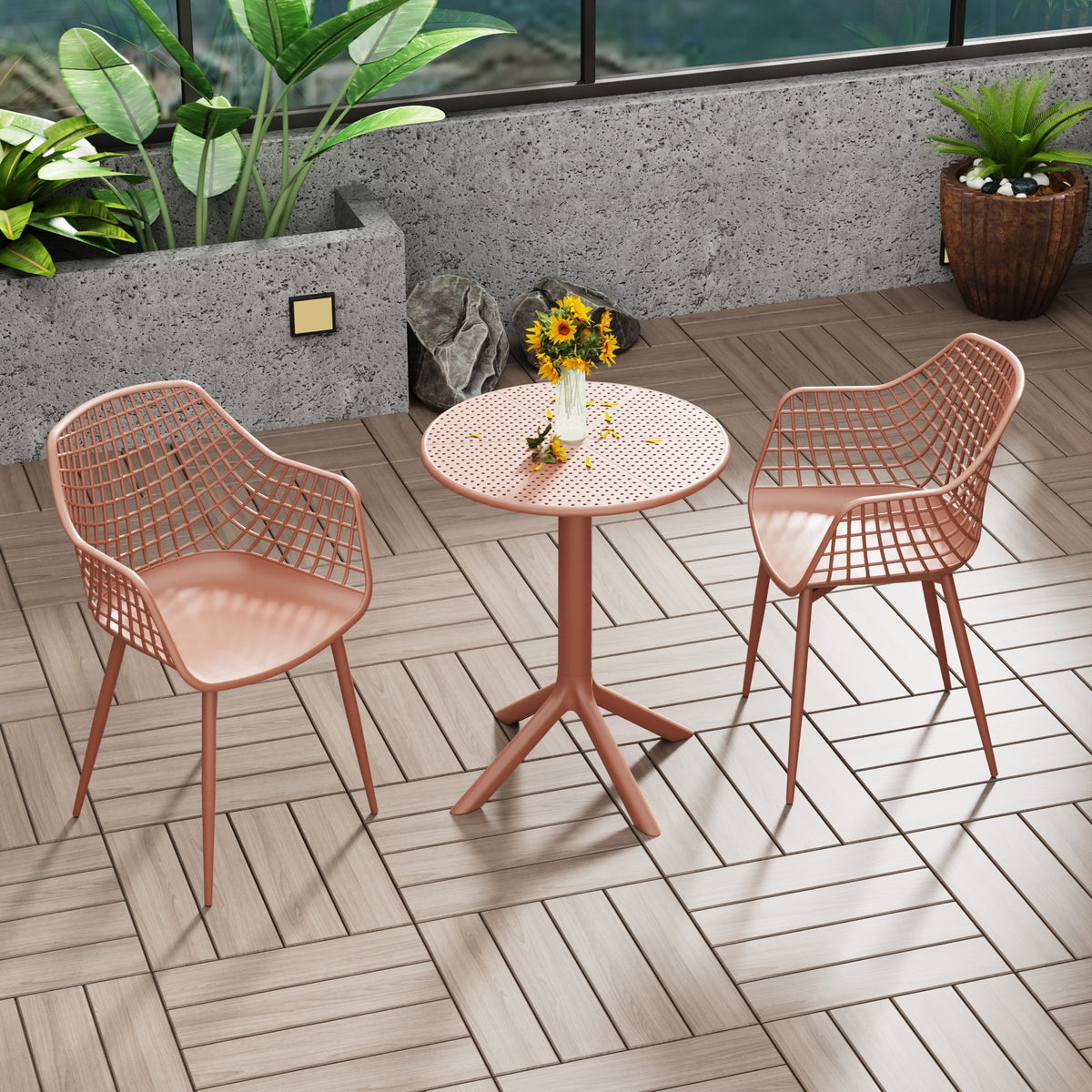 Rimini - 3 Piece Garden Bistro Table & 2 x Armchair Set Outdoor Grade, Terracotta (Self Assembly) (DHD) Image 1