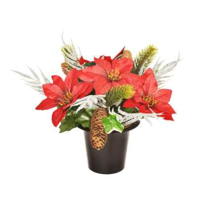 25cm Frosted Fern Pine Cone Poinsettia Grave Pot