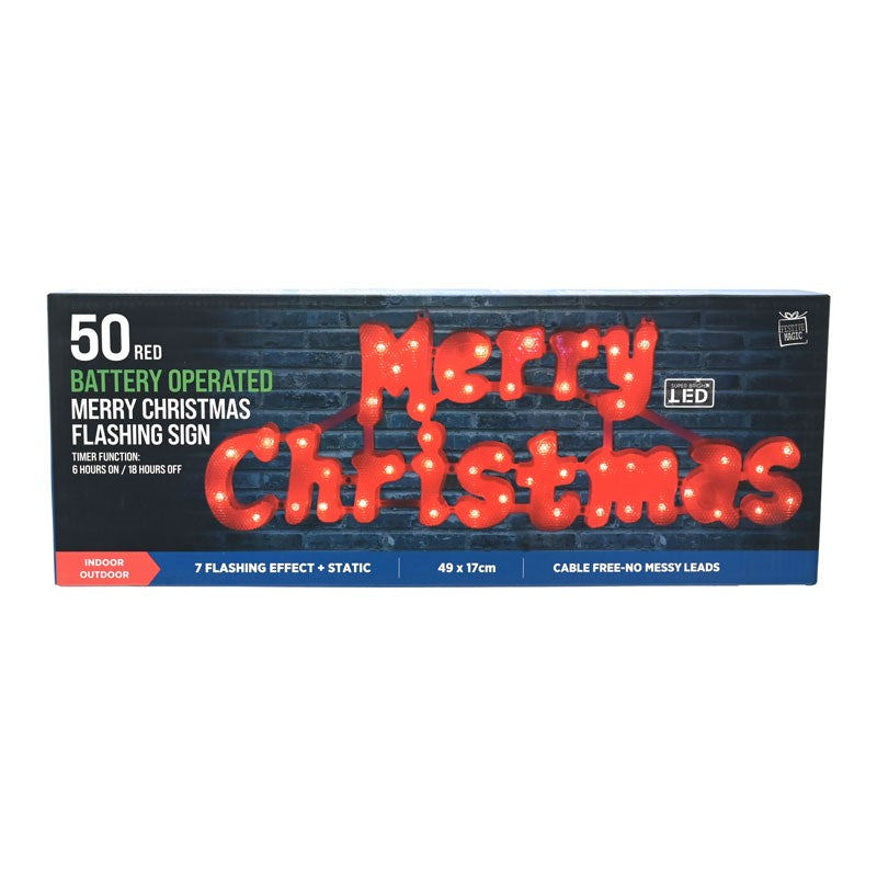 Merry Christmas Flashing Light-Up Sign 49 x 17cm - Red