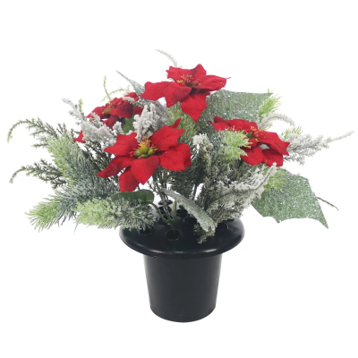 25cm Red Christmas Poinsettia  Frosted Foliage Grave Pot