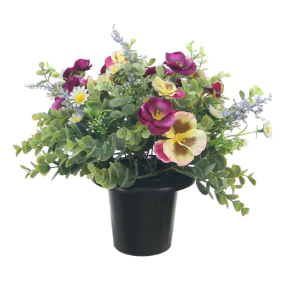 Yellow pansy lavender and daisy grave flower pot