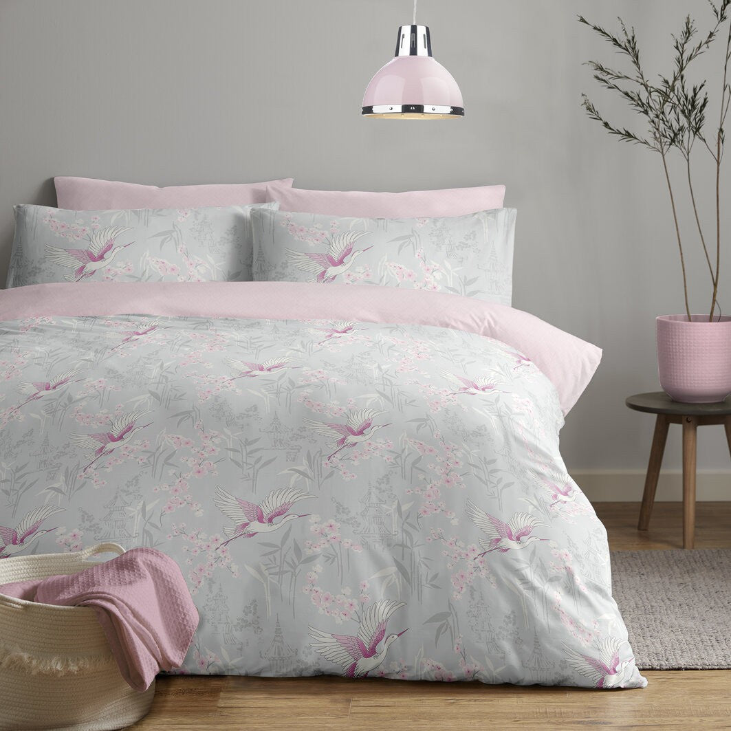 Oriental Crane Duvet Cover Set Grey