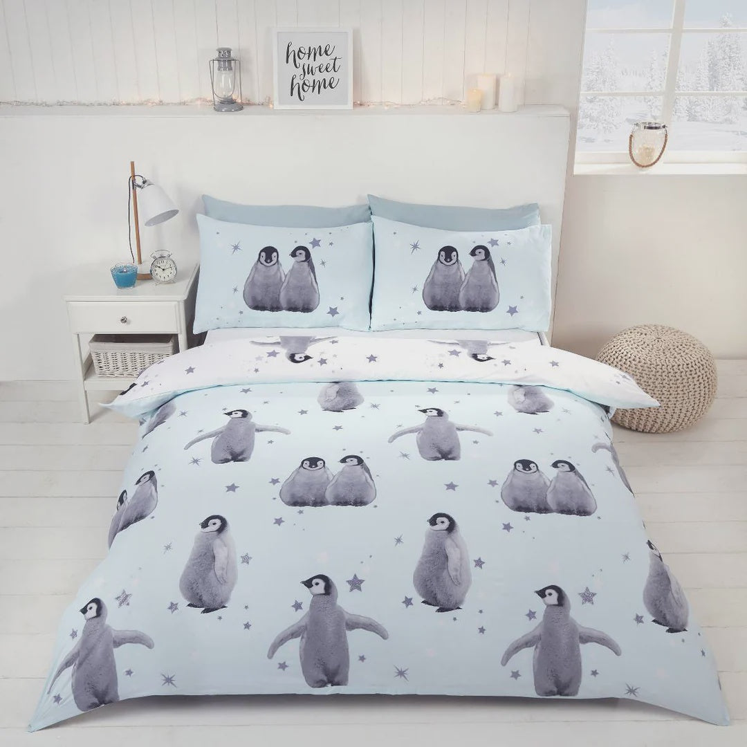 Starry Penguins Duvet Cover Set Double Ice Blue Reversible