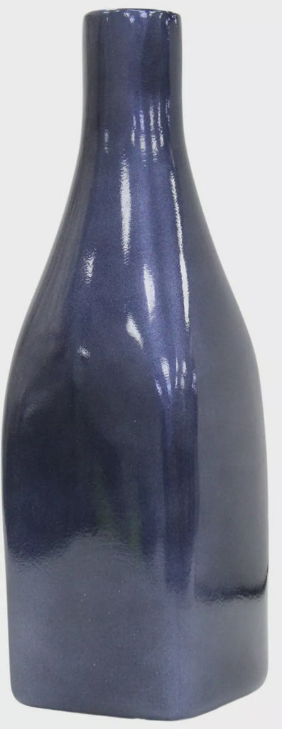 Navy Blue Ceramic Vase - Square Decorative Pearlescent Bottle Neck Decoration 36cm