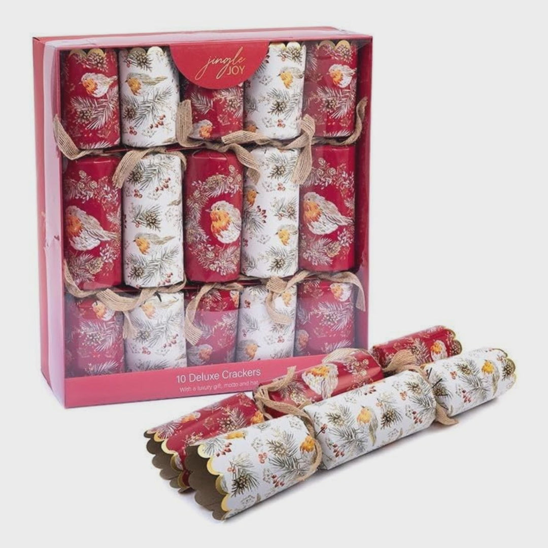Jingle Joy Luxury 10 x 14in Large Family Crackers Red/White with Robins