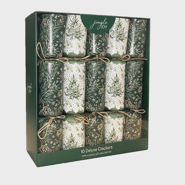 Jingle Joy Luxury 10 x 14in Large Family Crackers Green/White with Christmas Foliage