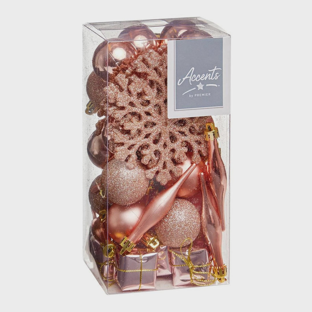 Premier Mixed Bauble Tree Decoration Set - Rose Gold, 37 Pieces