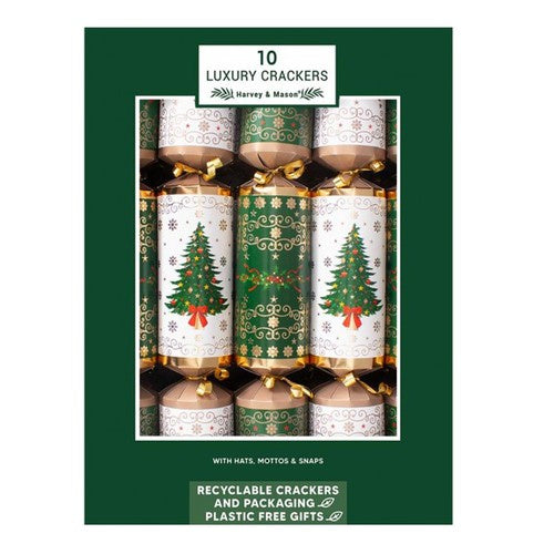 Harvey & Mason Christmas Crackers 10 Pack  Green White Tree and Wreath