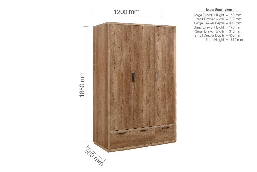 Birlea Stockwell 3 Door 2 Drawer Wardrobe (Self Assembly) (DHD)