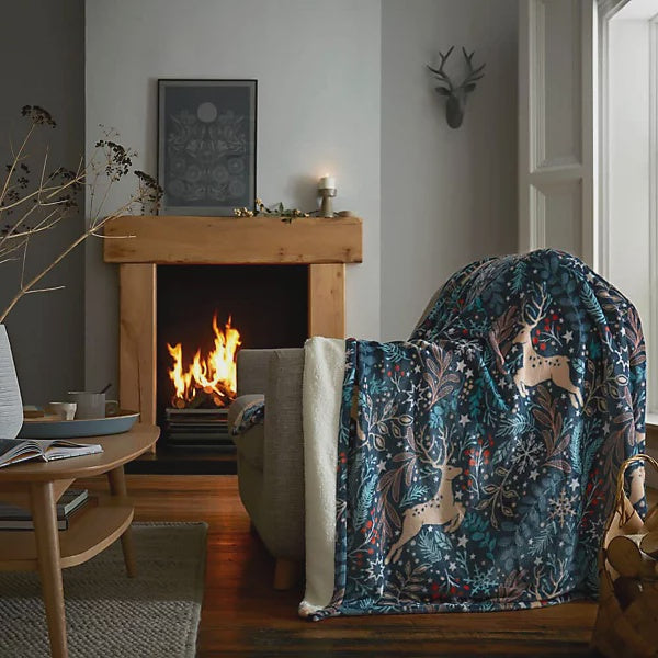 Winter Stags Sherpa Fleece Throw 130cm x 170cm Blue