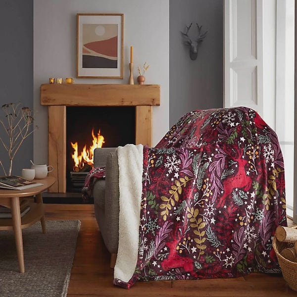 Winter Stags Sherpa Fleece Throw 130cm x 170cm Burgundy