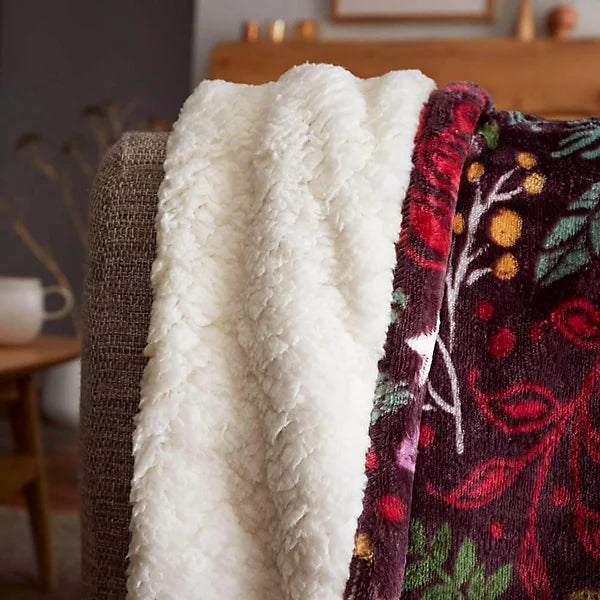 Winter Stags Sherpa Fleece Throw 130cm x 170cm Burgundy