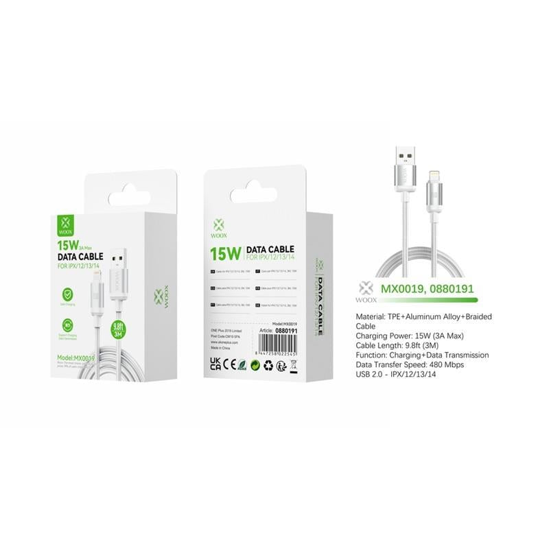Woox 15W Braided Cable 3m - USB-A to Lightning - White (MX0019)