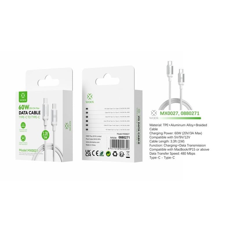 Woox 60W PD Braided Cable 1m - USB-C to USB-C - White (MX0027)