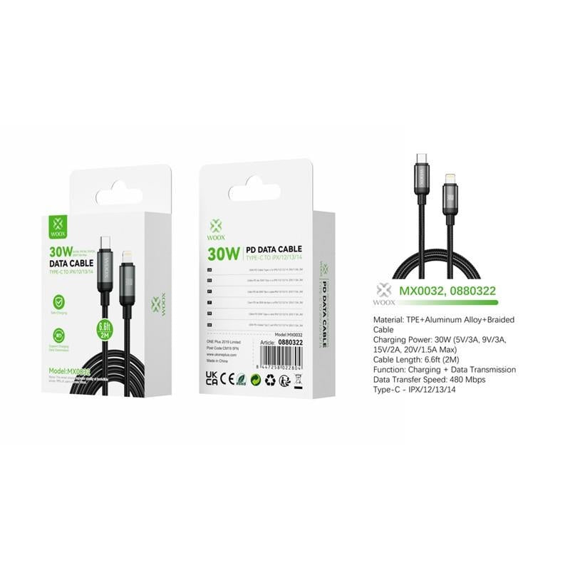 Woox 30W PD Braided Cable 2m - USB-C to Lightning - Black (MX0032)