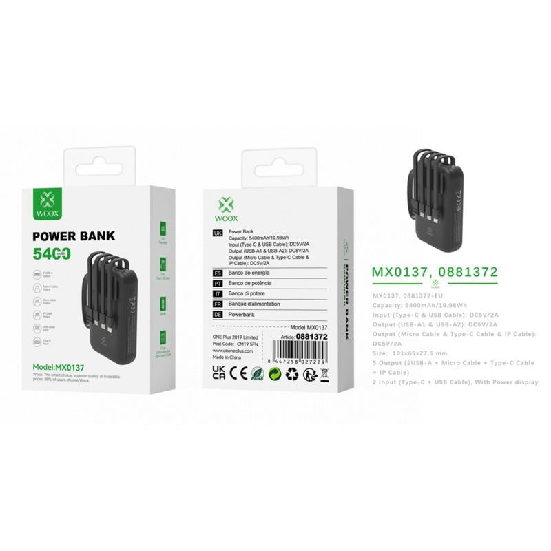 Woox 5400mAh Power Bank with Built-in USB-C, Lightning &amp; Micro-USB Cables - Black (MX0137)