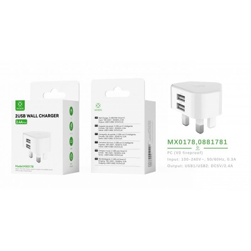 Woox 2.4A Dual USB-A Wall Charger - UK Plug - White (MX0178)