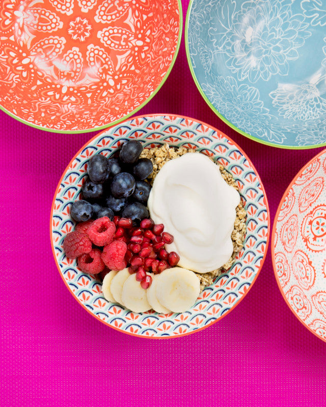 KitchenCraft Patterned Cereal Bowls Set in Gift Box, Ceramic, 'Brights' Designs 15cm Set of 4